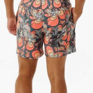 Orange and Black Retro Swim Trunks with Tropical Pattern